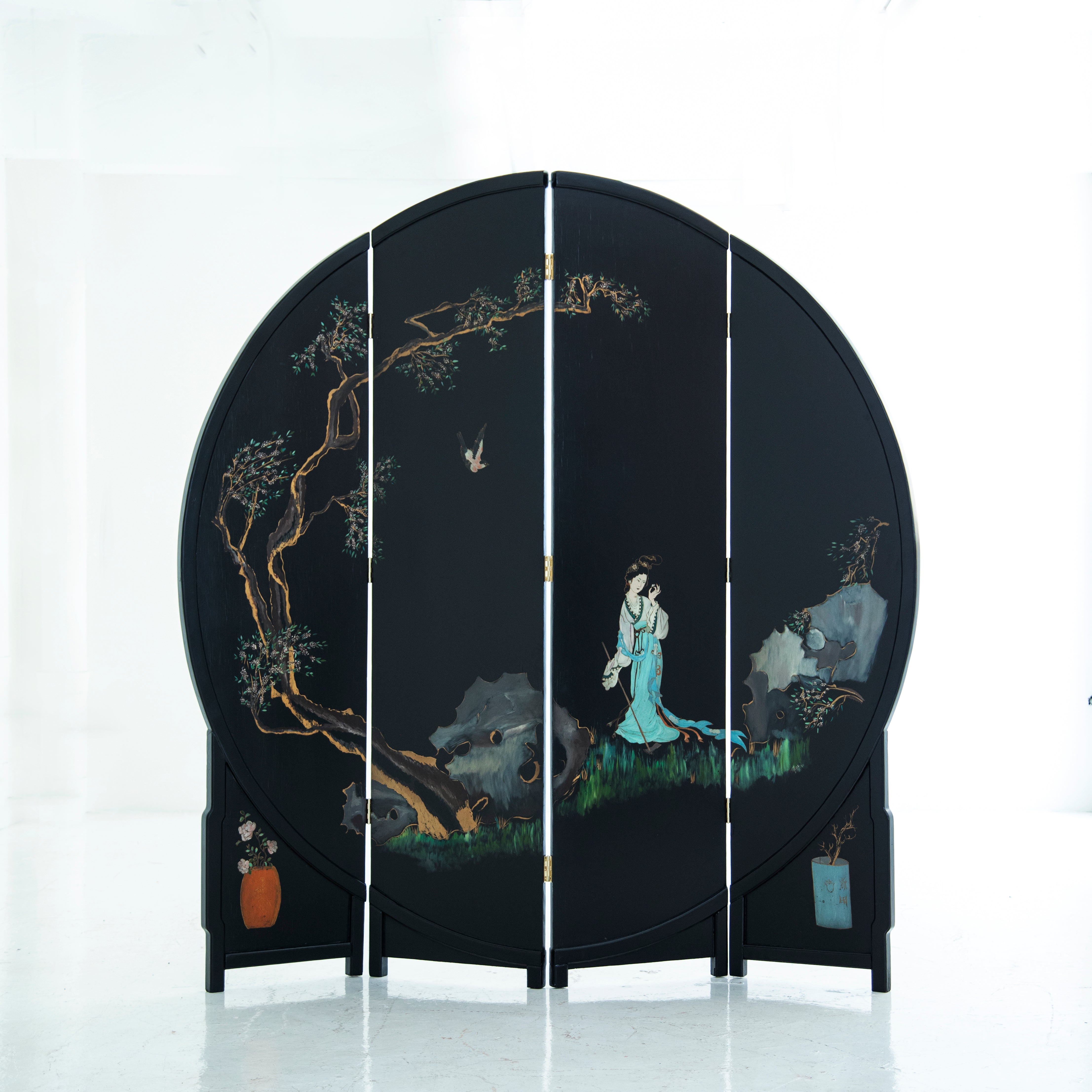 Vintage Hand-Painted Folding Screen